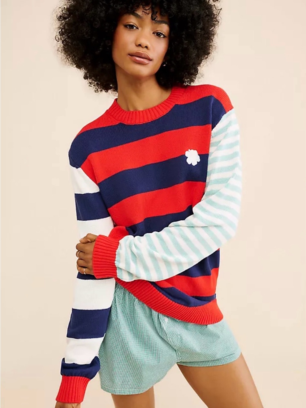 Marimekko Red Navy Blue Ivory Striped Crewneck Sweater Kesäkoju Maalis Patja N20